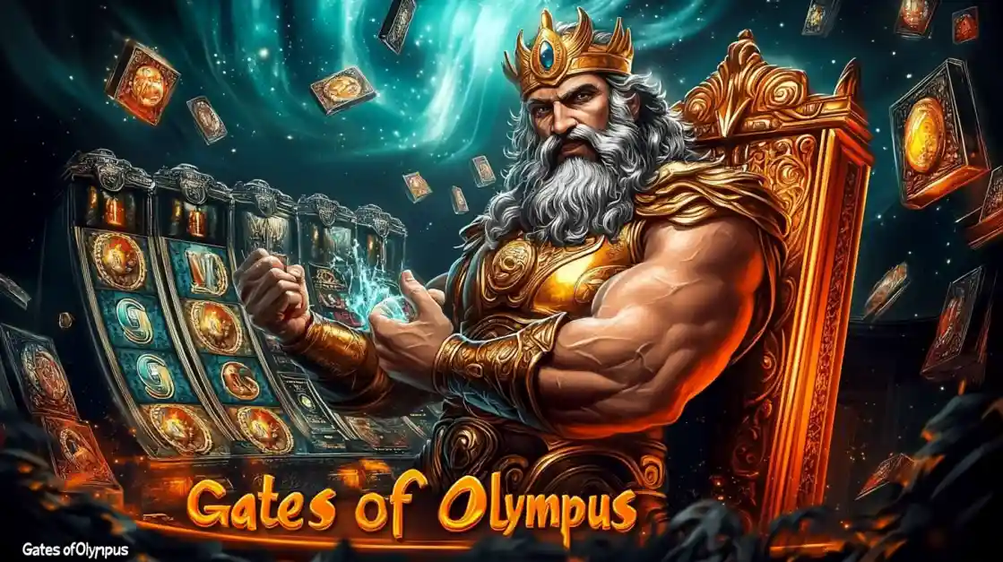 A majestic Zeus figure on a golden throne, surrounded by floating cards and a ek333 slot machine, with Gates of Olympus prominently displayed, inviting players to a mythical gaming experience.