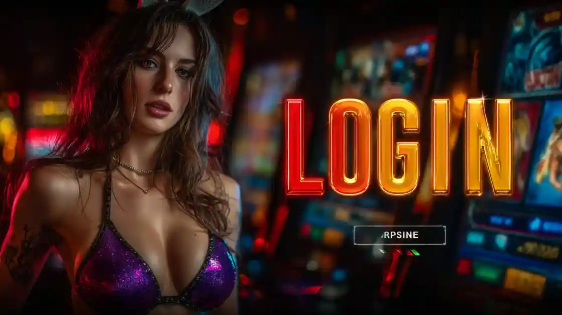 A captivating woman stands beside a LOGIN interface, with ek333 slot machines softly blurred in the background, inviting users to enter the world of ek333.