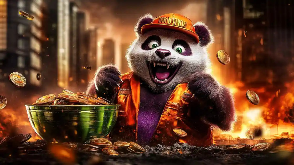 A cheerful panda character surrounded by golden coins, symbolizing wealth and good fortune with ek333.