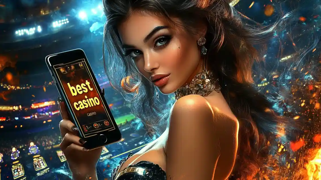 A woman holding a phone showcasing the ek333 casino app in a vibrant stadium-like setting.
