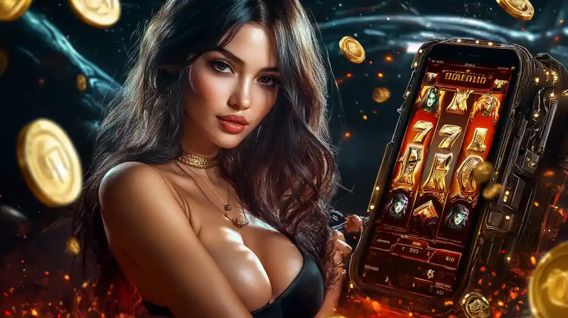A confident woman holds a smartphone displaying a ek333 mobile slot game with 777 symbols and golden coins.